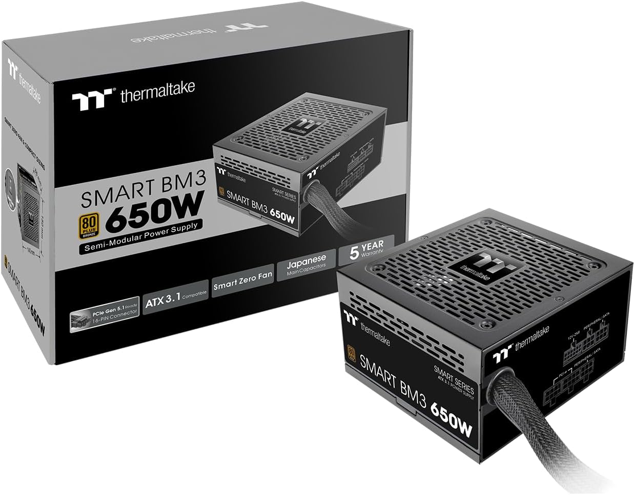 Smart BM3 650W 80Plus Bronze ATX 3.1 & PCIE 5 Ready Semi-Modular Power Supply; 105°C/221°F Japanese Capacitor; 5 Year Warranty; PS-SPD-0650MNFABU-3