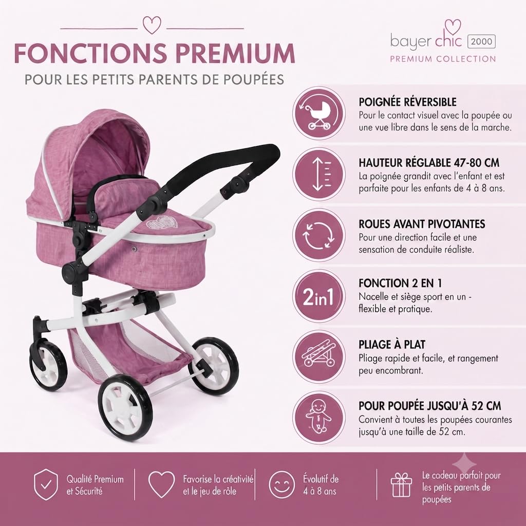 Bayer Chic 2000 Poussette poupée Mika 2 en 1 Pliable et réglable | Poussette poupée 2 en 1 pliable avec poignée réglable (47-80 cm), pour poupées jusqu'à 52 cm.