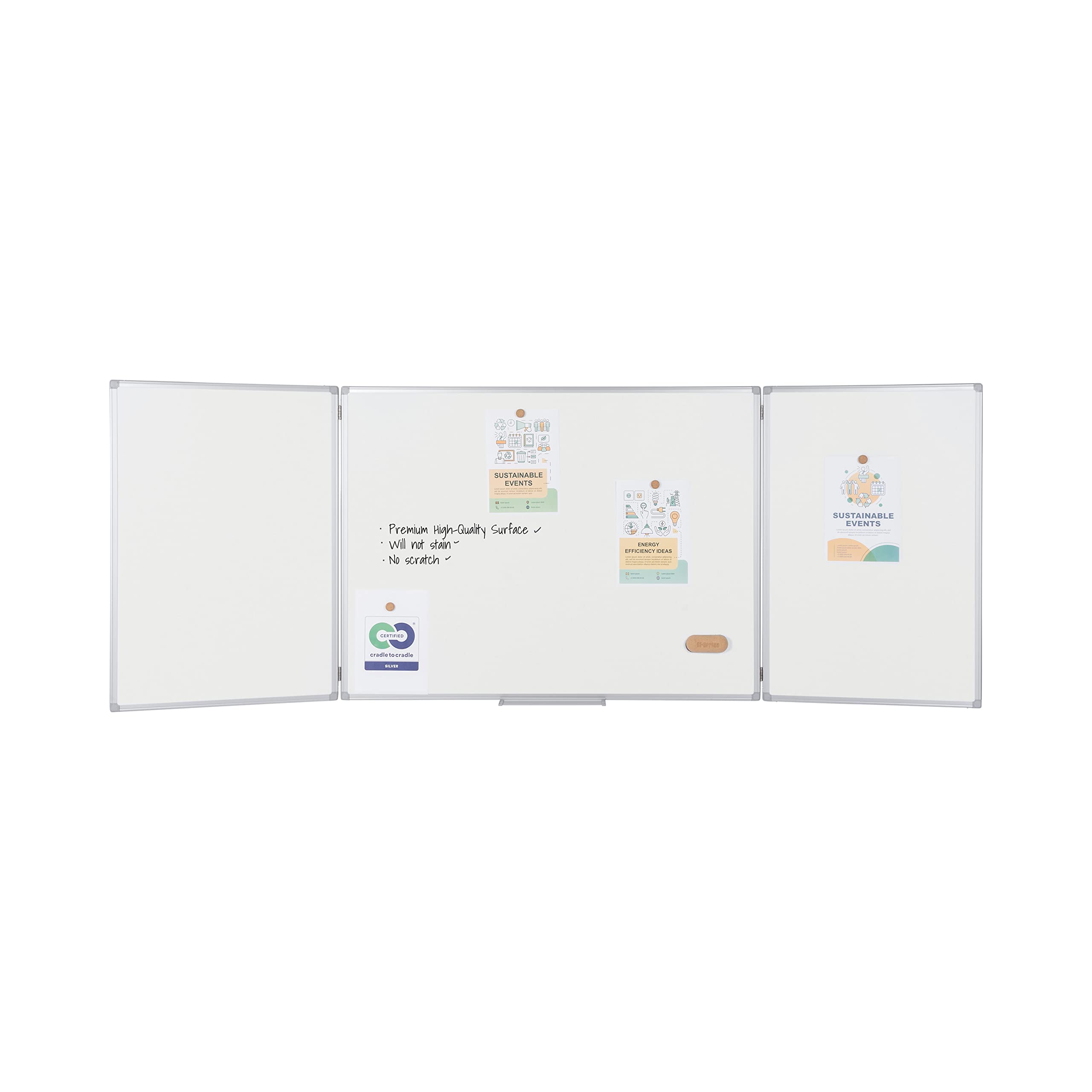 Bi-Office Earth - Tableau Blanc Triptyque Magnétique, Surface Émaillé avec Cadre en Aluminium, 90 x 60 cm Fermé/180 x 60 cm Ouvert