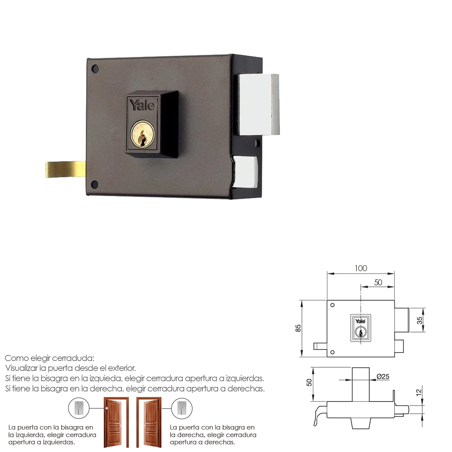 Yale Yale Cerradura de Sobreponer Estándar 125, Derecha, Hierro Pintado: Entrada 50 mm, 125 Derecha, Metal, Hierro Pintado Cerradura de sobreponer con doble cilindro