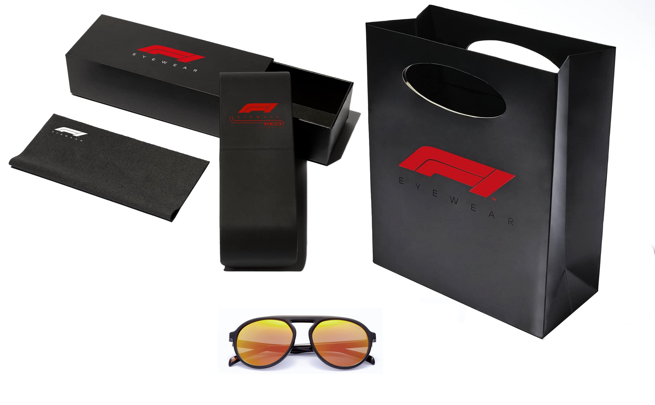 Formula 1 Grand Stand Lunettes de soleil rondes de pilote avec monture en acétate Noir mat Verres anti-reflet Rouge Flash Protection UVA/UVB Étui inclus, acétate noir mat