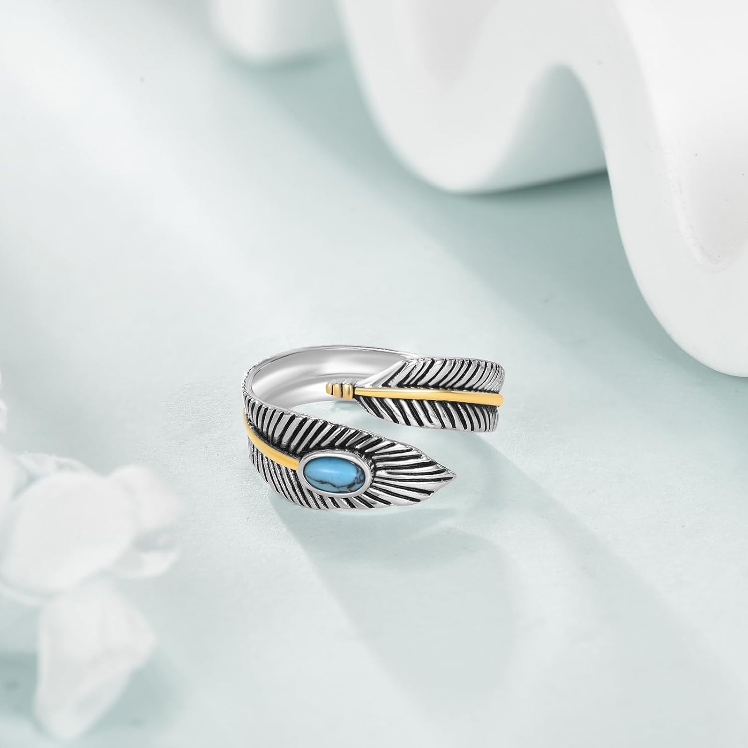 YAFEINI Turquoise Feather Ring 925 Sterling Silver Adjustable Feather Ring Western Boho Style Jewelry Gifts for Women - Image 5