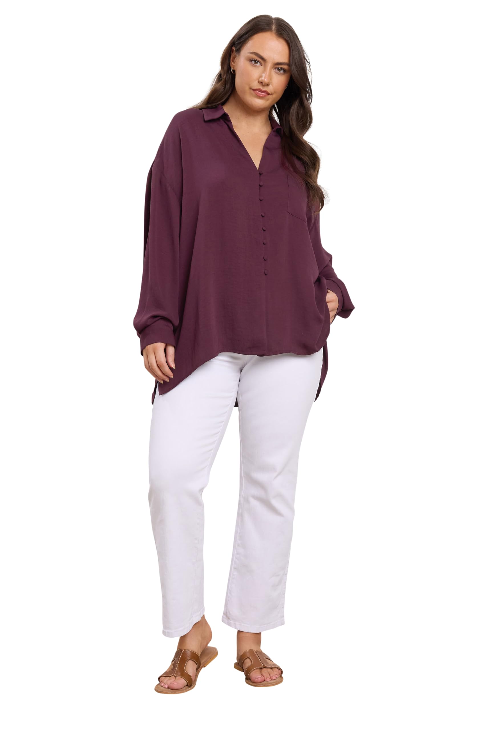 Evans Women's Burgundy Curve Red Dipped Hem Oversized Shirt - Plus Size Curve