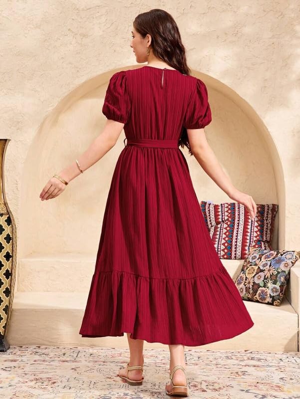 Image of Niren Enterprise Baby Girl's Solid Print Cotton Blend Frock Dress with Half Sleeve Calf Length V- Neck and Elastic Closure Type
