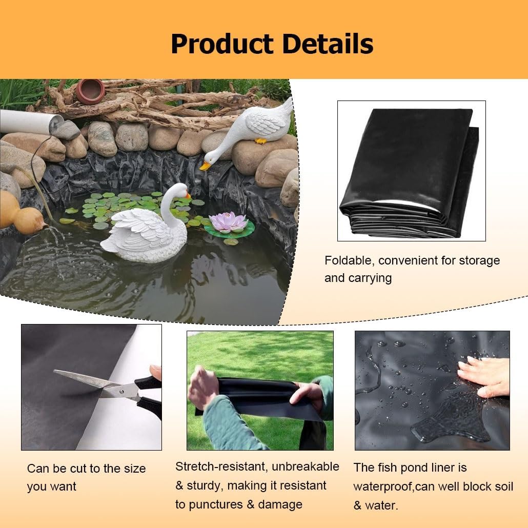 6.6-164' Long 20 Mil Thickness Fish Pond Mat, Black HDPE Folding Pond Liner for Garden Fountains Waterfall Water Features(1x3m/3.3x9.8')