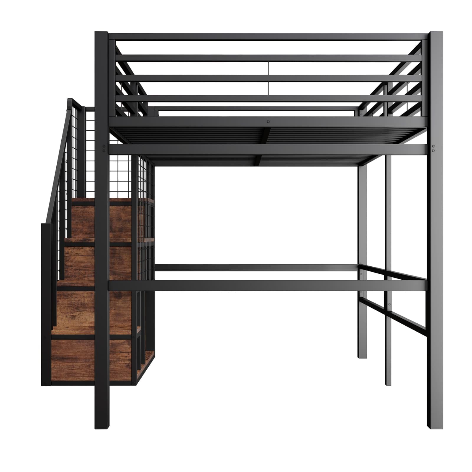 PUGSDRLY Lit Mezzanine Enfant 140x200cm,Lit Mezzanine 2 Places avec échelle de Rangement et Plaque à Mailles en Métal,Design de Clôture Haute,pour Enfant Adolescent (Noir-140)