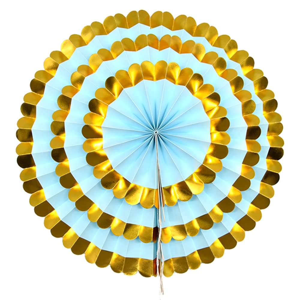 Lot 6 Éventails Suspendus Papier Pointe Dorée Bleue – Décoration Fête & Mariage