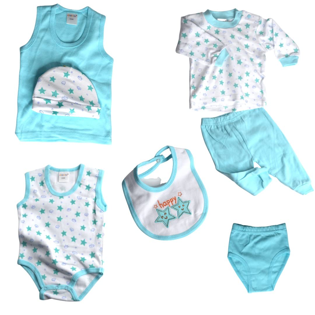 Baby 7 -Piece Bodysuit Set For Newborn & Accessories Set Including Pyjama, Brief, Cap, Vest, Hat, Bib with 100% Cotton Size 0-3 Months (Sky)