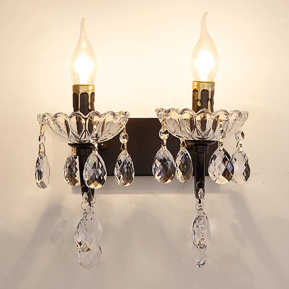 HYJAUSXB 2 Lights European Candle Wall Sconce E14 Socket Acrylic Crystal Vintage Lamp Indoor Hardwired Light Fixture, Home Decor Mount for Bedroom Living Room Hallway (Black)