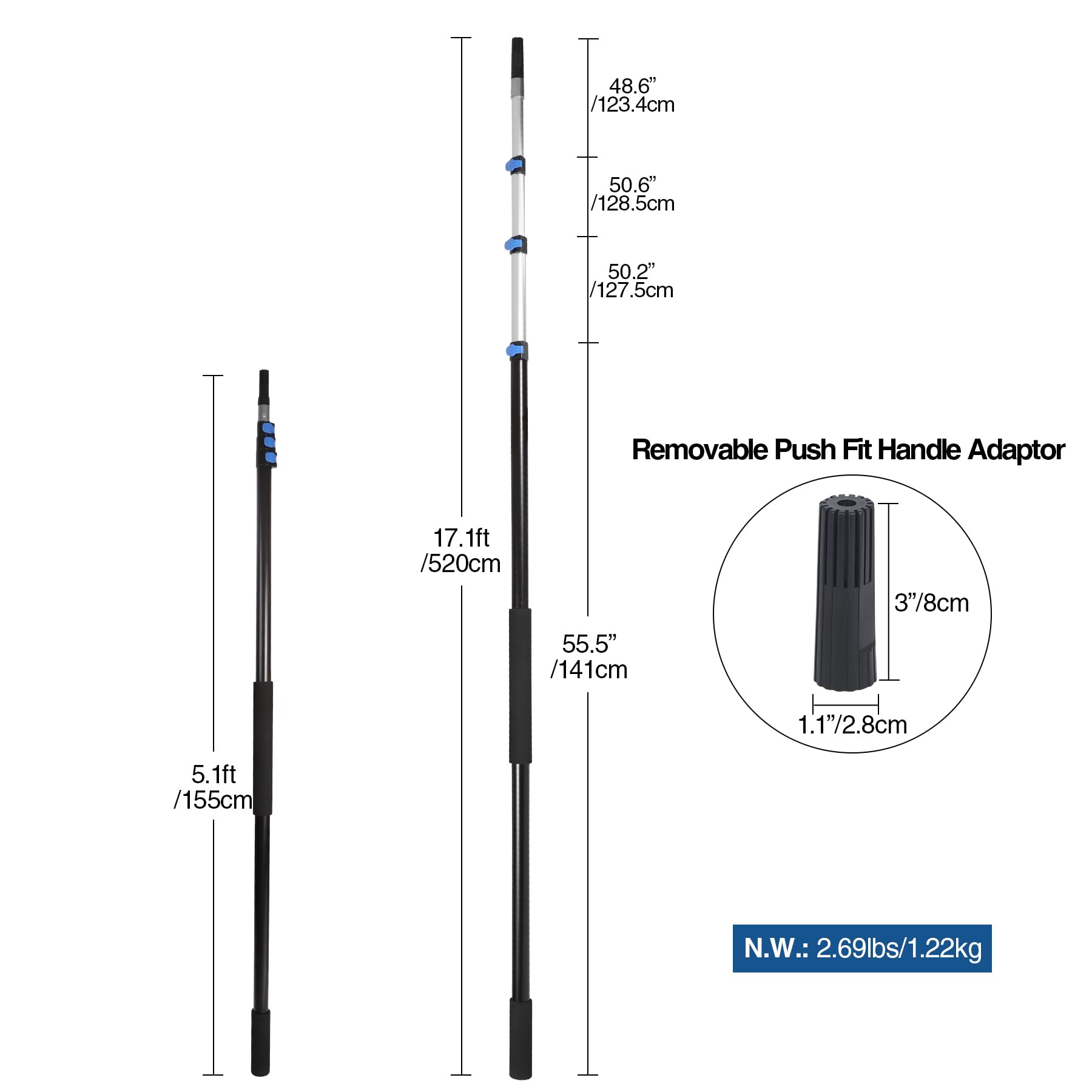 Barra de extensión multiusos, rodillo de pintura duradero y de aluminio, 5,2 m | Mango antideslizante, poste telescópico ligero para limpieza de ventanas de techos altos, canalón extensible (solo poste)