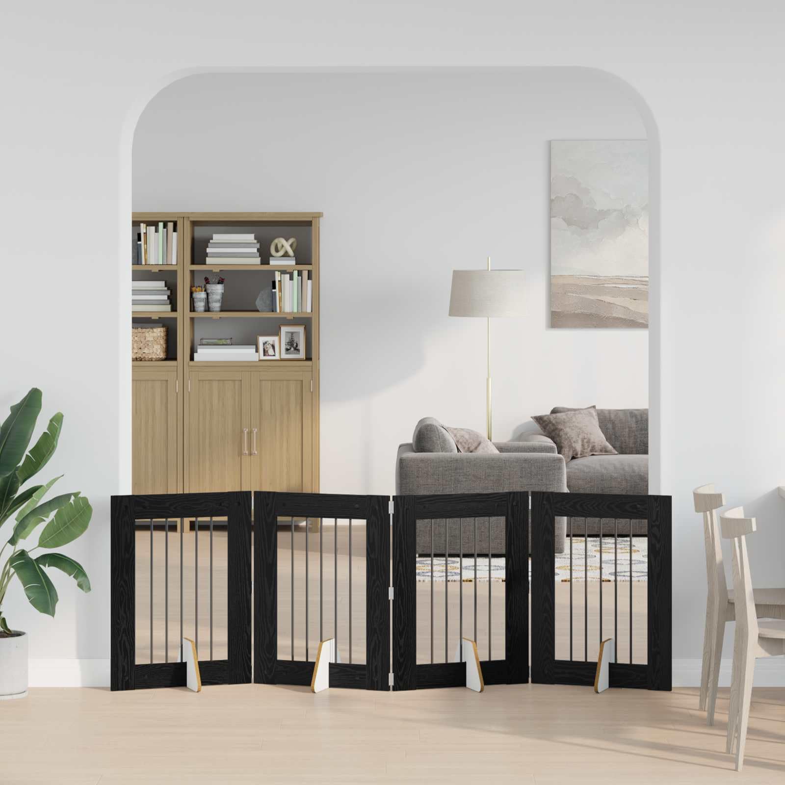 Puerta para perros con soporte de metal y madera, 4 piezas, 60 x 80 cm, plegable, portátil, para interior, salón y terraza, cierre seguro para perros y cachorros