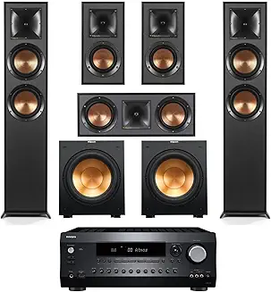 Klipsch Reference 5.2 Home Theater System Bundle – 2x R-625FA Floorstanding Speakers, 2x R-12SW Subwoofers, R-52C Center, R-41M Bookshelf Speakers, and Denon AVR-S970H 7.2-Channel Receiver