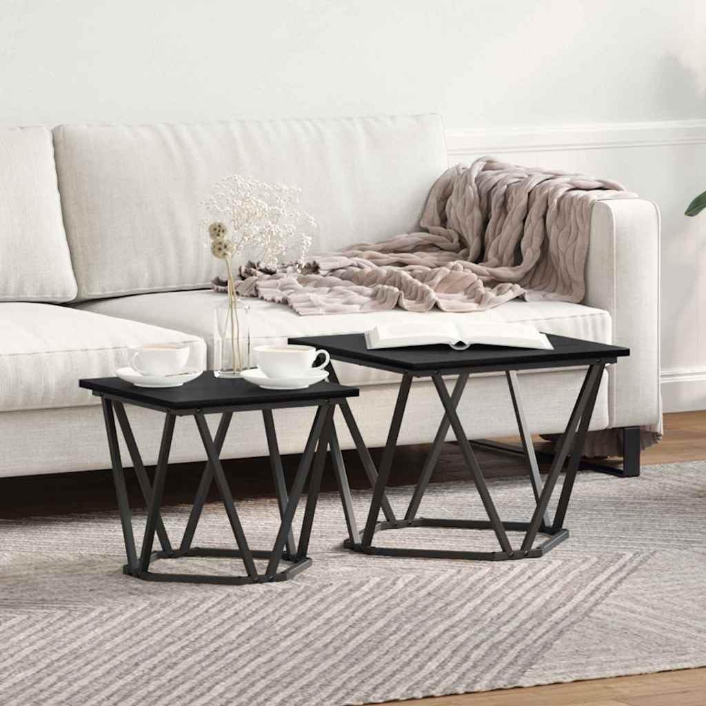 Juego de 2 mesas auxiliares hexagonales negras con marco de metal y tablero de madera para salón, diseño moderno