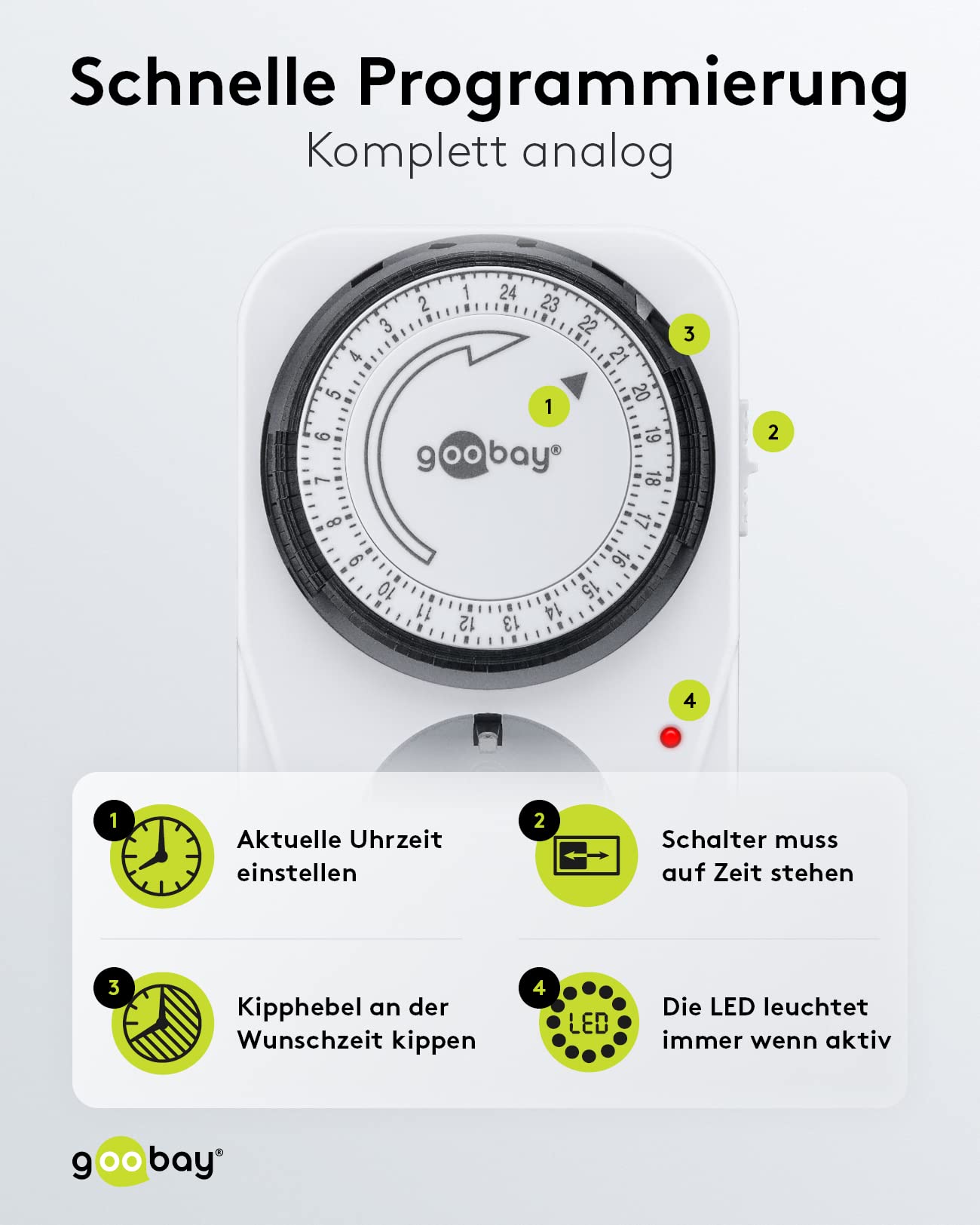 Goobay 51276 Temporizzatore elettrico analogico per la presa e il controllo preciso e semplice dei dispositivi elettronici