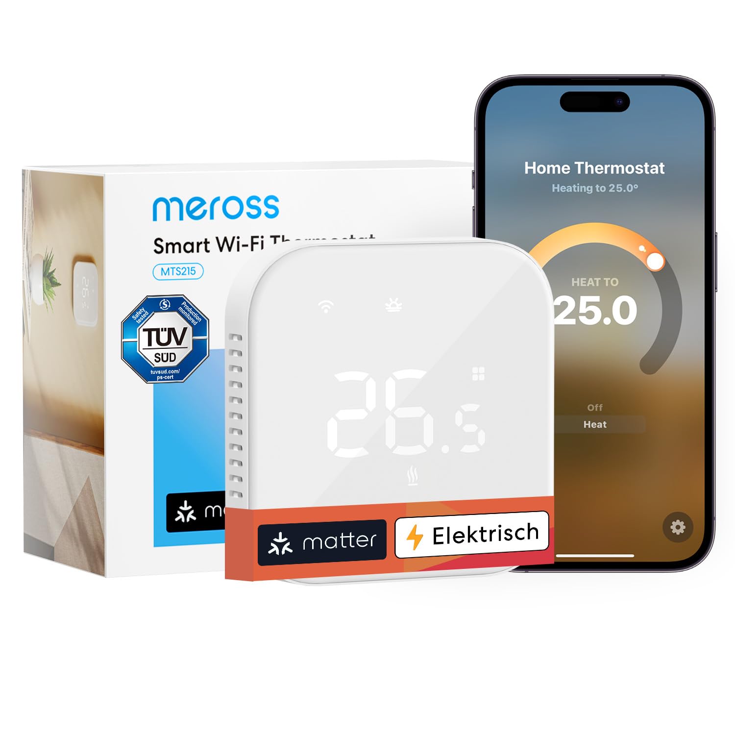 Meross Matter Termostato Calefaccion WiFi por Suelo Radiante Eléctrico, Termostato WiFi Compatible con HomeKit, Home Assistant, Alexa y Google Home, admite Control por Voz y Funciones de Temporizador Certificado ClimatePartner