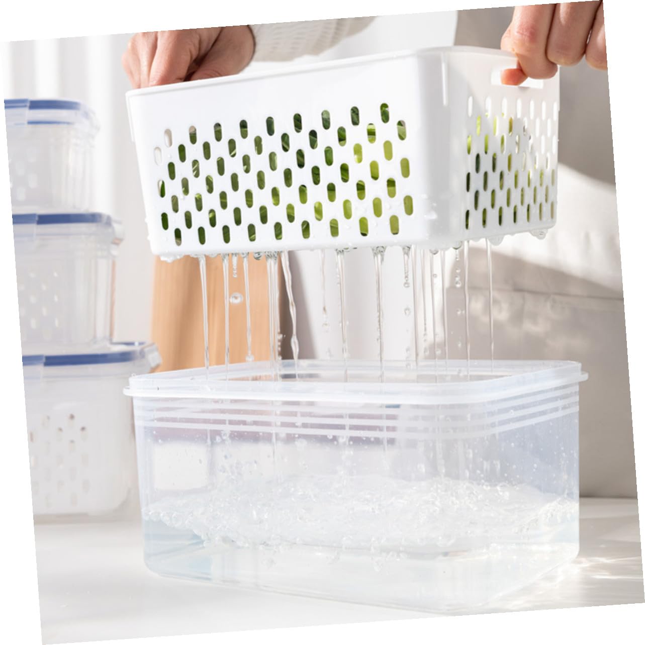 Alipis 3 Stück Kühlschrankbox aus Pp mit Deckel und Abtropfkorb | 850 Ml, 1750ml und 3300ml, Weißes, Herausnehmbarer Einsatz für Obst und Gemüse