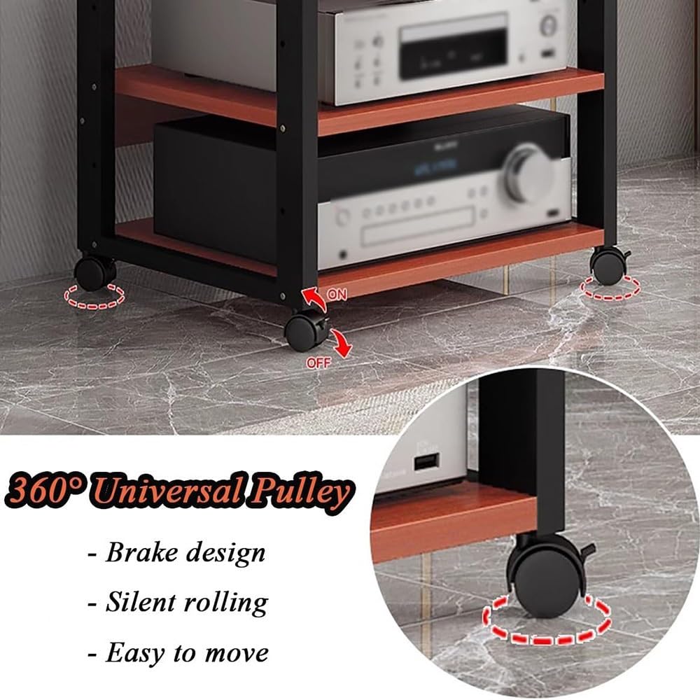 Meuble de rangement HiFi avec roulettes verrouillables pour tourne-disque et console de jeu, 2 niveaux noir et teck pour matériel audio et rangement de vinyle