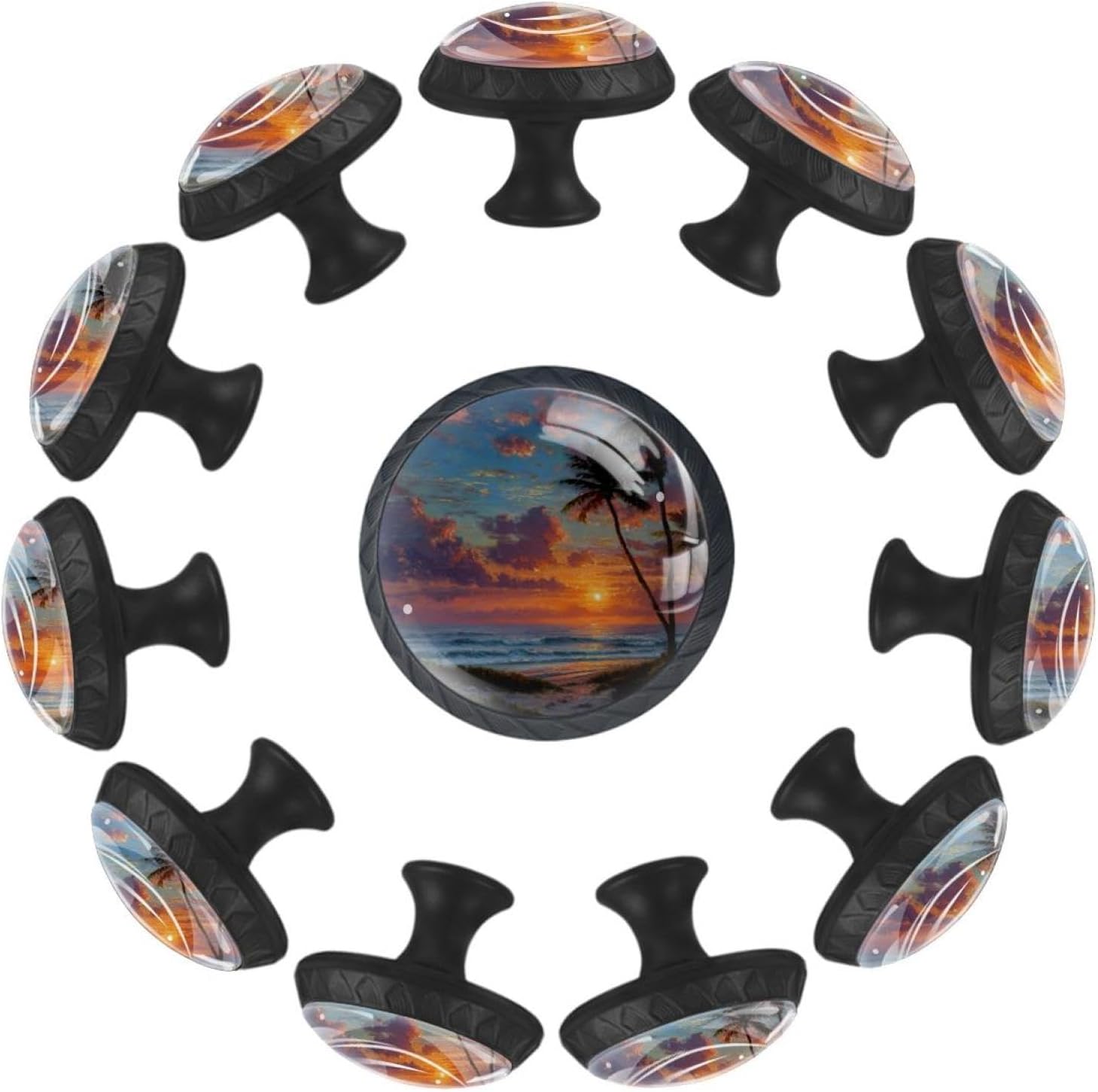 Black Textured Floral Vector Pattern Round Drawer Pulls, Glass Cabinet Knobs with Screws for Various Cabinets