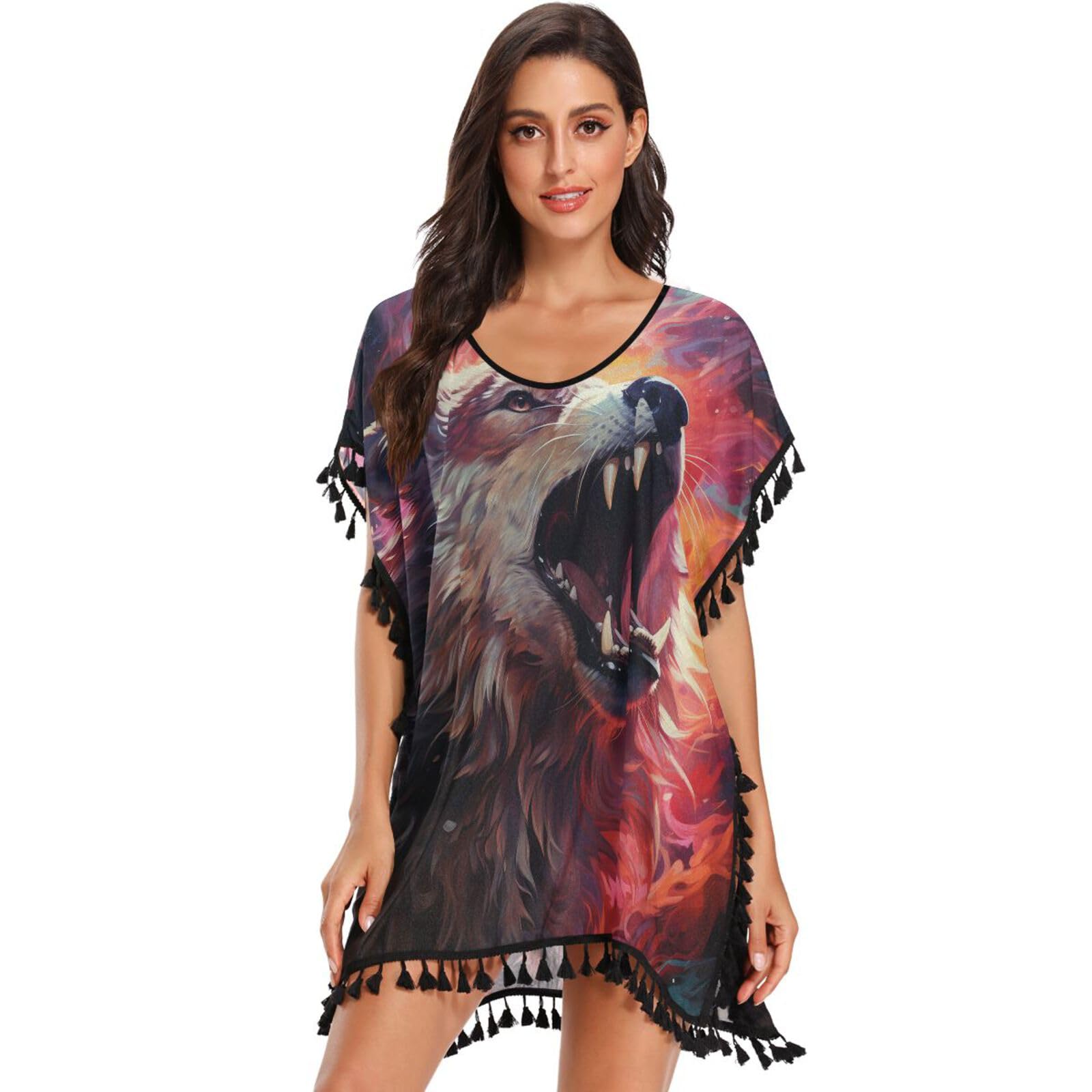 Abstract Angry Wolf Fire Space Women's Beach Cover Up Chiffon Tassel Swimwear Swimsuit Coverups for Girl