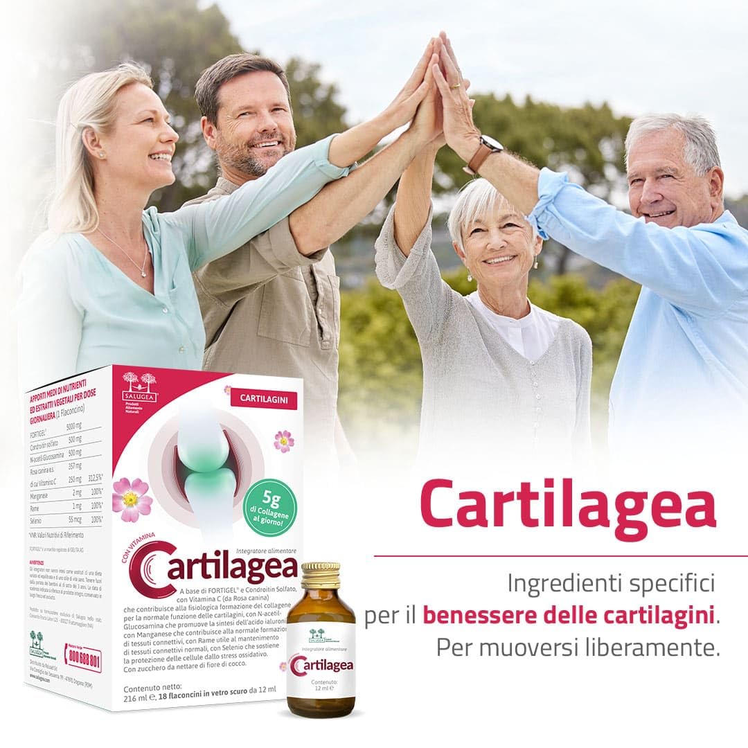 CARTILAGEA Salugea - Integratore 100% Naturale per il Benessere delle Cartilagini - con Collagene idrolizzato, Glucosamina, Condroitina, Rosa Canina (Vit. C), Manganese, Rame e Selenio - 18 flaconcini