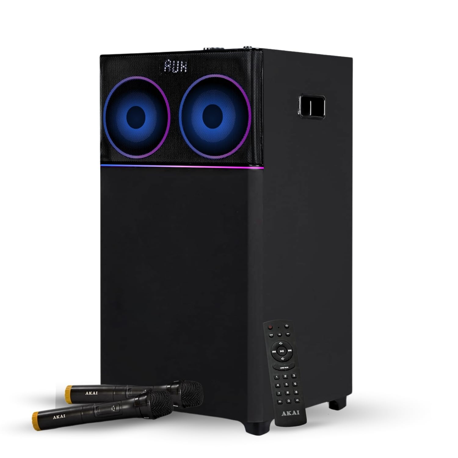 AKAI UltraBoom-100 Bluetooth Party Speaker 100 Watts|High Bass Sound|Wireless Mic Karaoke System| LED Lights|Home Theater Music System|AUX/USB/FM|Remote Control|Portable DJ Speaker Indoor & Outdoor