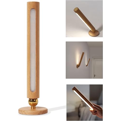 TUNJINSHOU 360° Rotatable Wooden Led - Magnetic Detachable Stepless Dimmable Rechargeable Wall Light, Bedroom Living Room USB Night Light (Yellow)