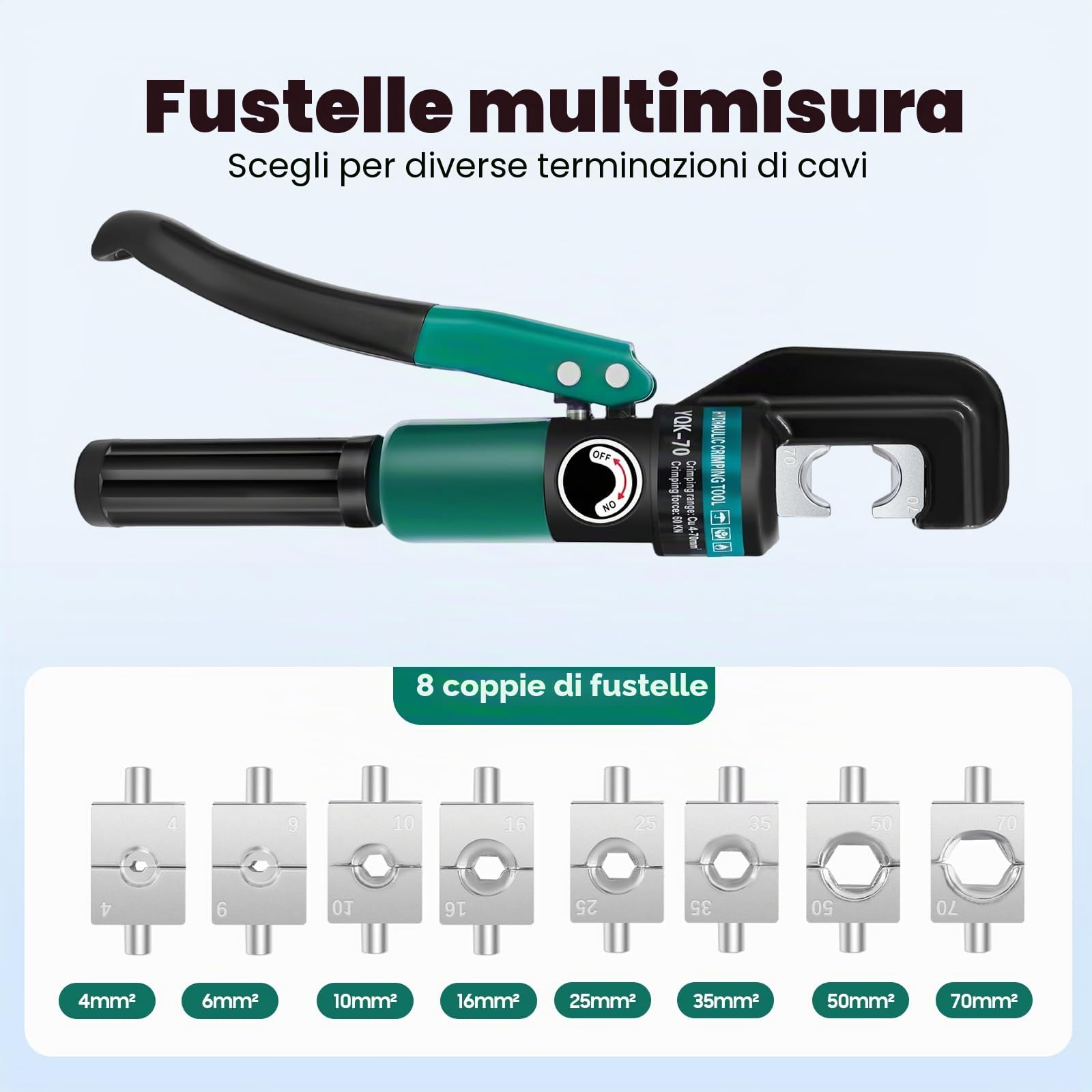 Set di pinze idrauliche e pinze professionali per tubi – Pinza crimpatrice con testa girevole a 360° e 8 matrici (4-70 mm²) – Utensile per pressare tubi in alluminio, plastica e multistrato
