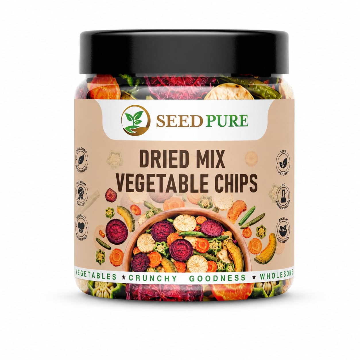 Seedpure Vacuum-Dried Mixed Vegetable Chips 200g | 11 Real Veggies Blend | No Oil, No Preservatives | Healthy Vegan Snack | Gluten-Free | Crunchy Veggie Mix-image-2
