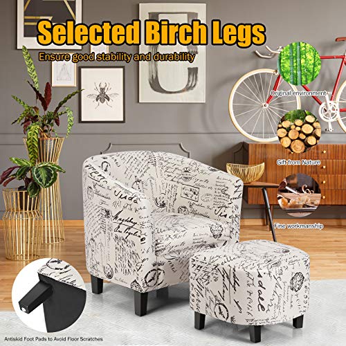 Giantex Modern Accent Chair With Ottoman, Upholstered Barrel Tub Chair And Footrest Set, Linen Fabric Club Arm Chair W/Solid Wood Legs, Ideal For Living Room, Bedroom, Garret #TOP3