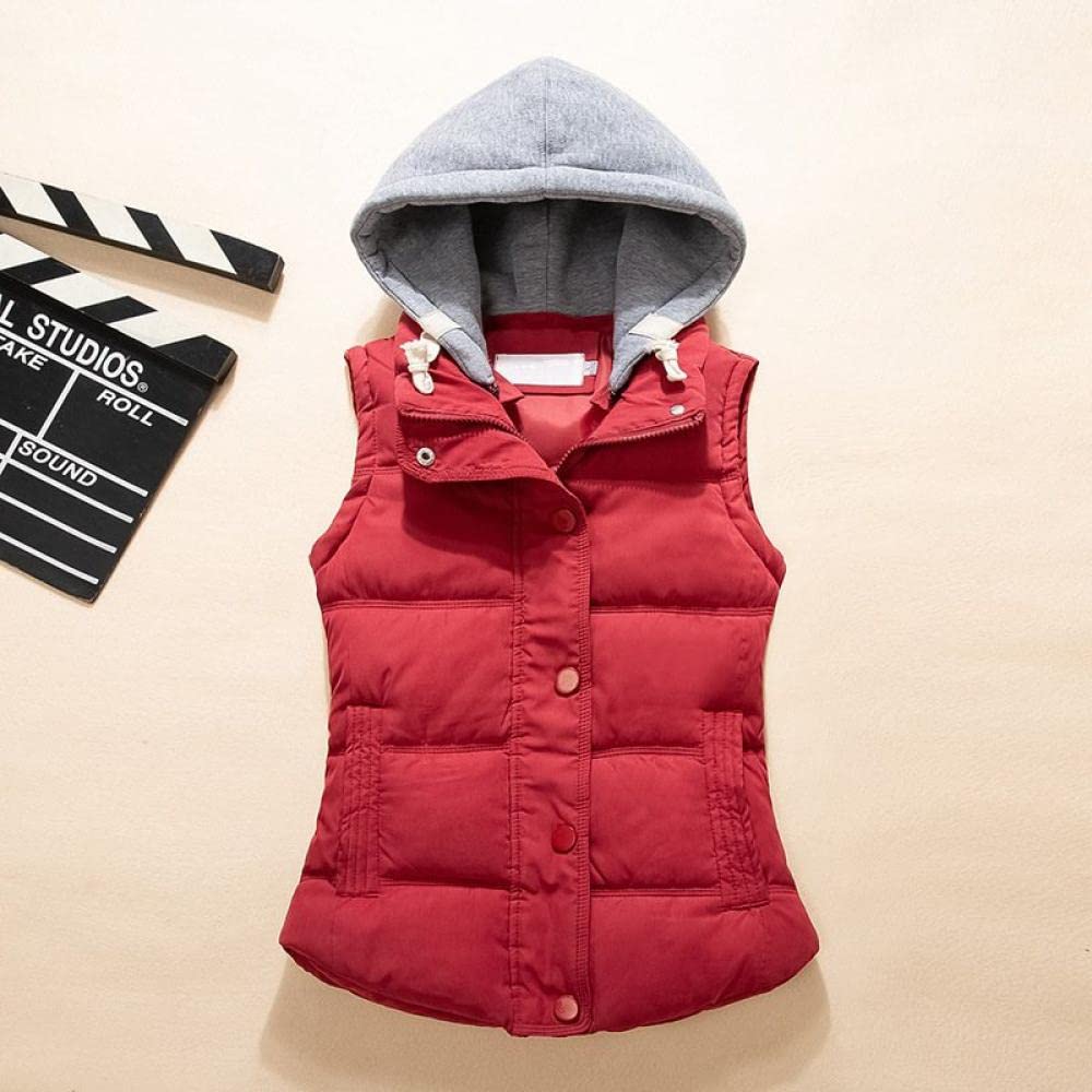 Doudoune Sans Manche Femme,Gilet Femme Écarlate Col Montant Capuche Amovible Veste Sans Manches Chaude Épaissie Avec Fermeture À Glissière Poches Rembourrées Automne Hiver Gilet En Coton Pour Fille