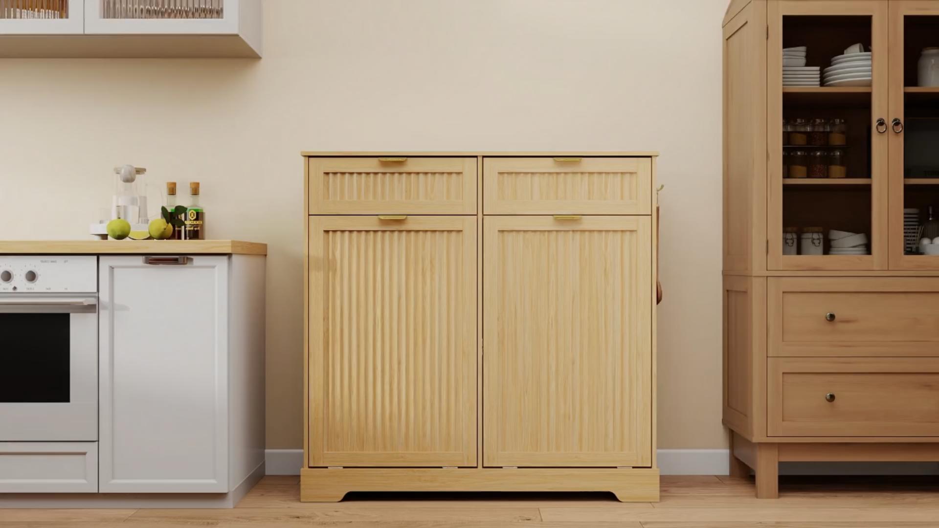 Image of Double 13 Gallon Tilt Out Trash Can Cabinet,Garbage Cabinet with Drawer | Hidden Garbage Storage with Fluted Design, Drawer & Hooks for Kitchen, Dining Room and Small Space Organization,Natural Oak