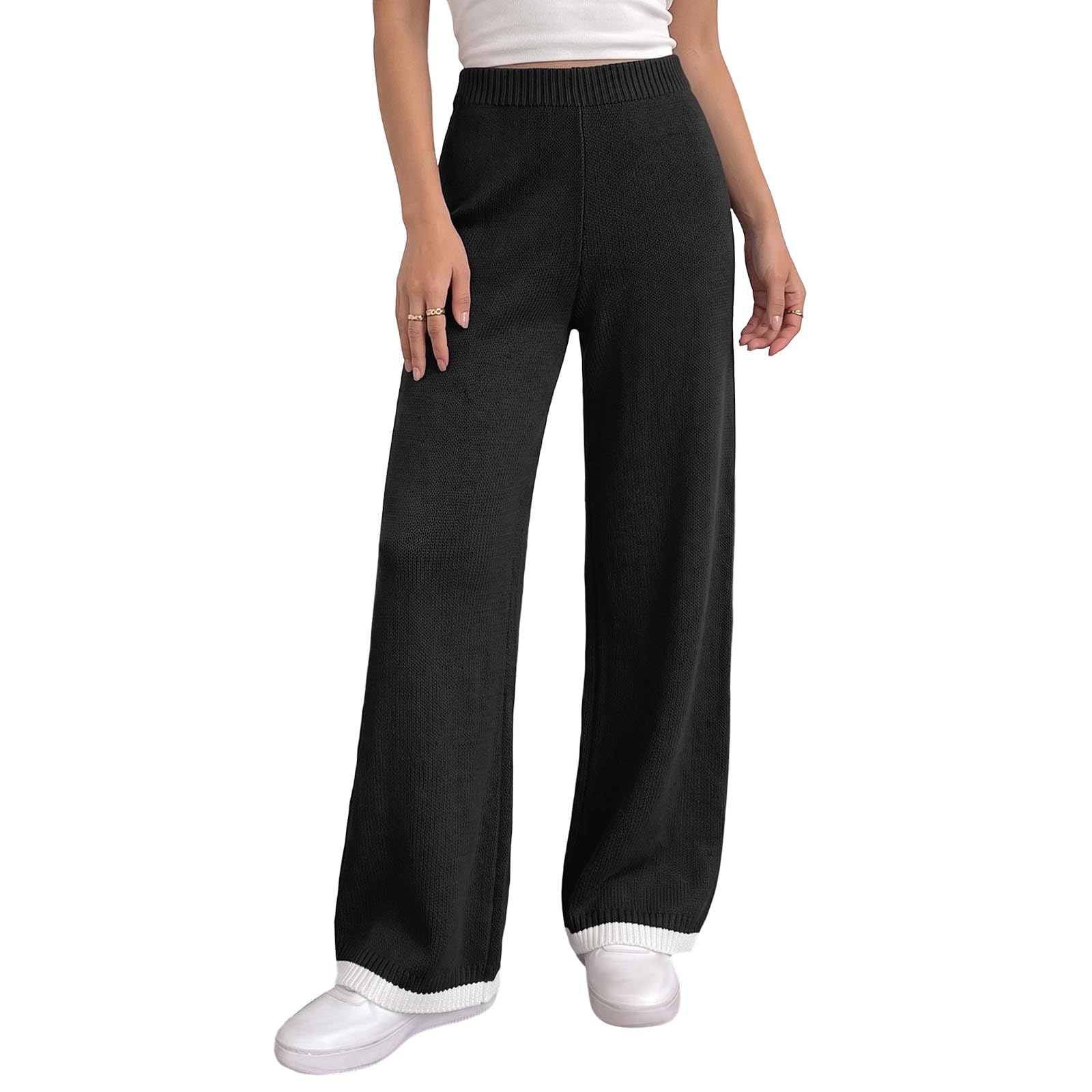 Pantalon Droit Femme Tricot Taille Élastique Bord Contrasté Décontracté Uni