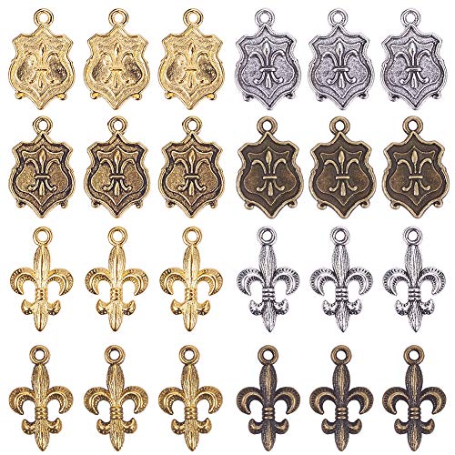 SUNNYCLUE 1 Box 80Pcs Fleur De Lis Charms Pendant Antique Silver Bronze Golden Flower of Lily Charms Pendant Bulk for Bracelets Jewelry Making Crafts, Lead Free & Cadmium Free