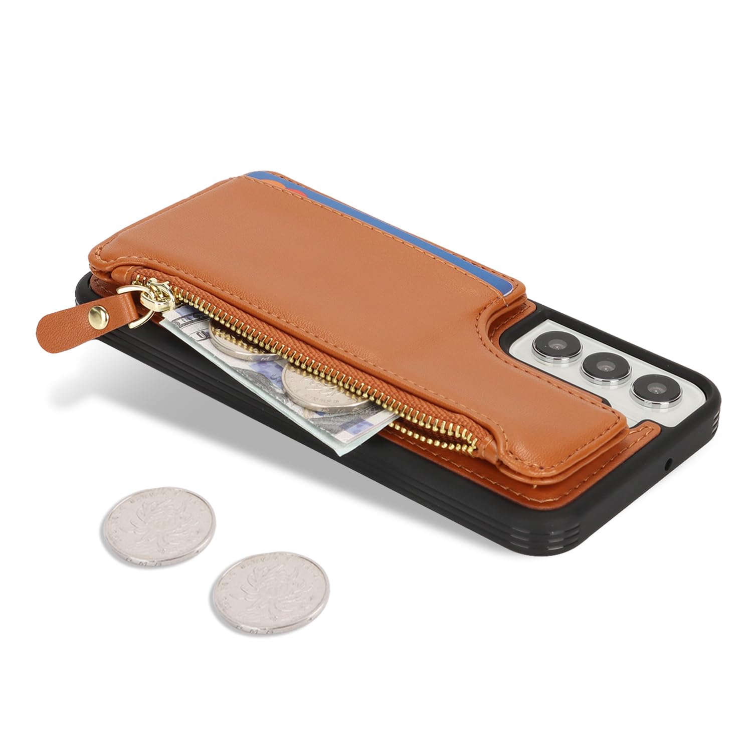 SailorTech per Samsung Galaxy S22 Custodia per telefono con porta carte di credito per uomo, Samsung S22 Custodia con slot per carte di credito Portafoglio Zipper per donna-Marrone