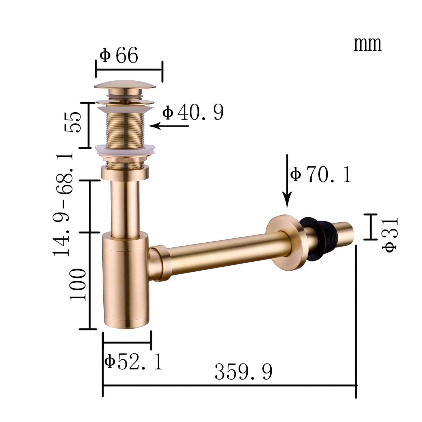 Sifon Lavabo con Rebosadero y Válvula Click Clack Lavabo oro,Anti-Odores,Abertura de Limpieza,Fregadero Kit de Desagüe Desague Lavabo para Baño y Aseo