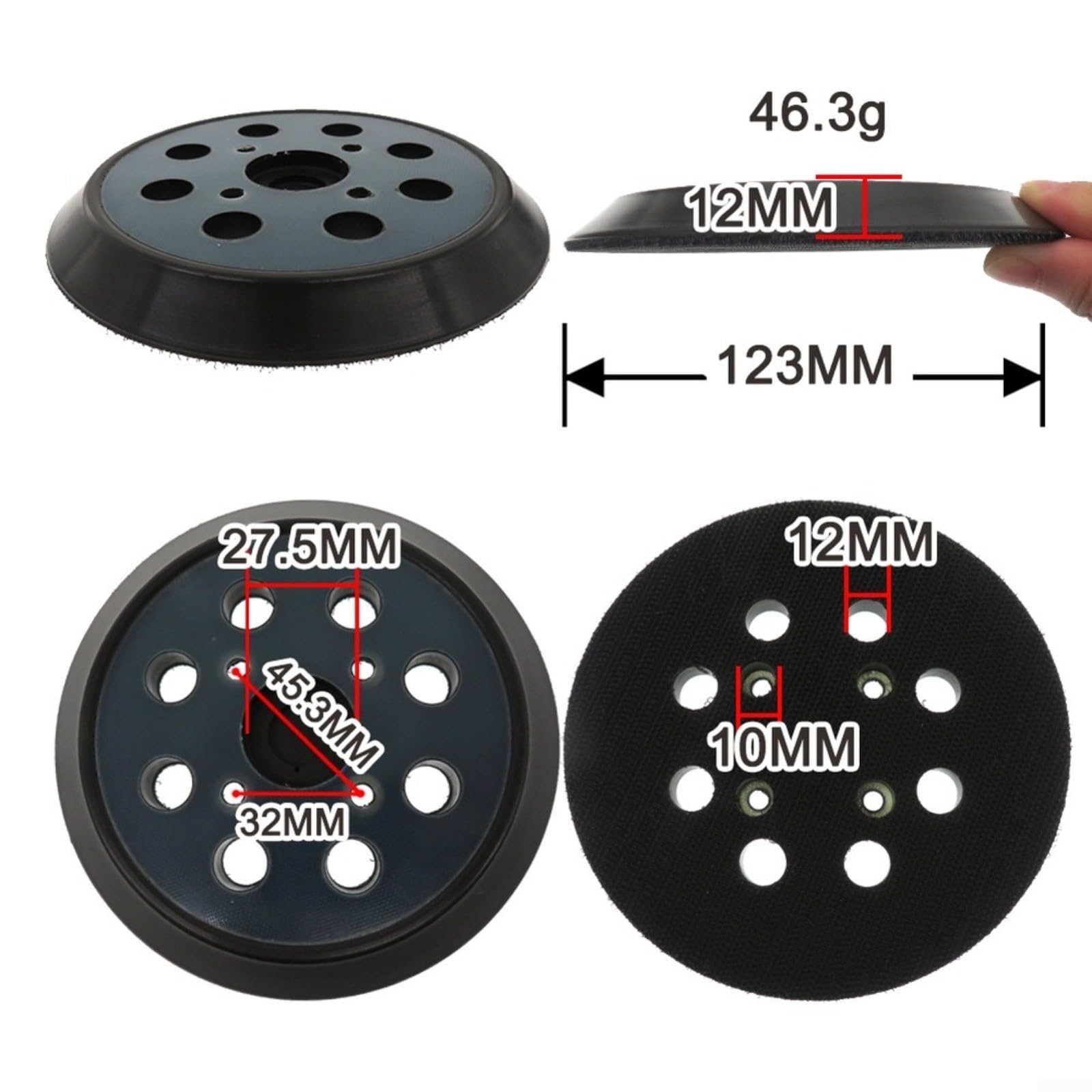 Disco abrasivo a 8 fori in pollici, piastra di supporto per lucidatura da 125 mm per levigatrice smerigliatrice, materiale PA6-GF30 con design di raffreddamento a 4 ventole,