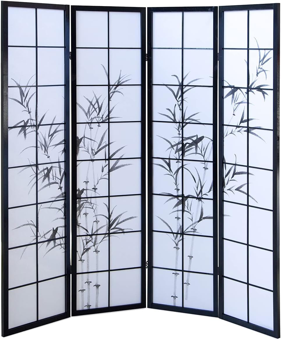 PEGANE Paravent Japonais en Bois Noir Dessin Bambou de 4 pans
