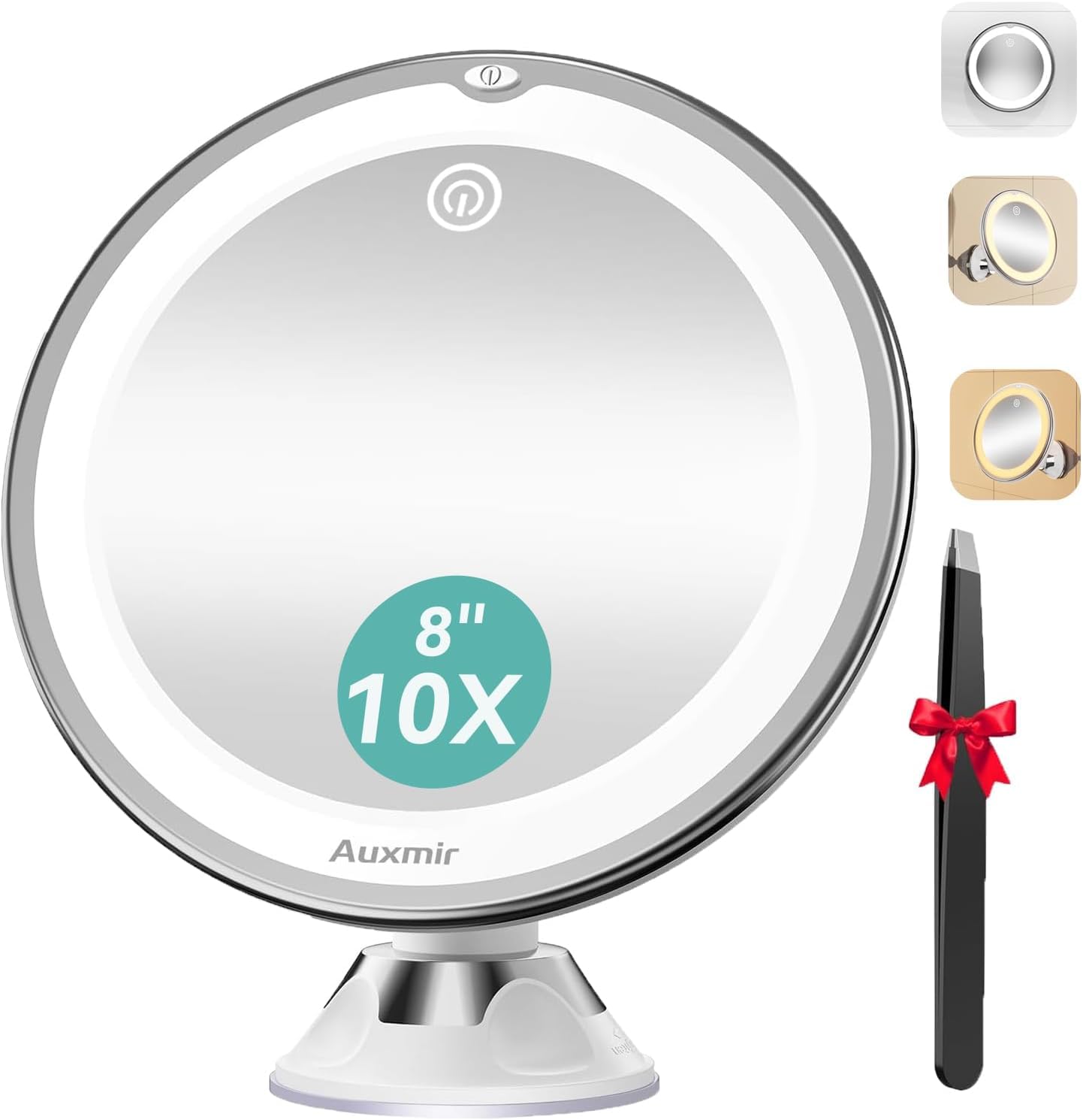 Auxmir Espejo Maquillaje con Luz LED, Aumento 10X con Ventosa Fuerte, Brillo Regulable, Giratorio 360°, Portátil para Pared, Baño, Viaje, Depilación y Cejas, Blanco, Redondo