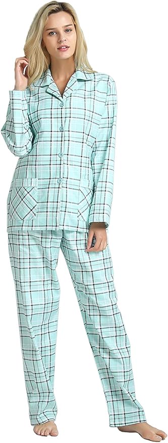 GLOBAL Comfy Pajamas for Women 2-Piece Warm and Cozy Flannel Pj Set of Loungewear Button Front Top Pants