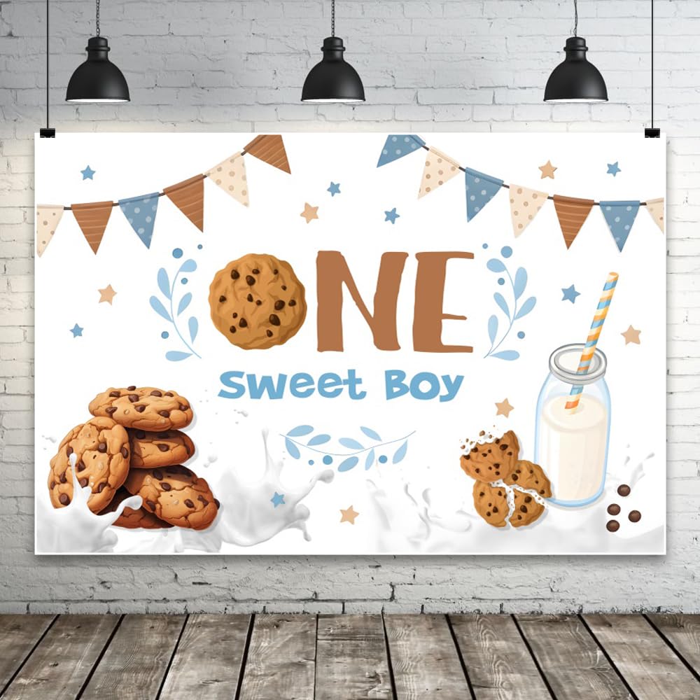 AWERT 3 x 2,4 m 'Happy 1st Birthday' tło baner jeden słodki chłopiec mleko ciasteczka urocze tło fotograficzne chłopcy pierwsze urodziny baby shower przyjęcie dekoracje materiały