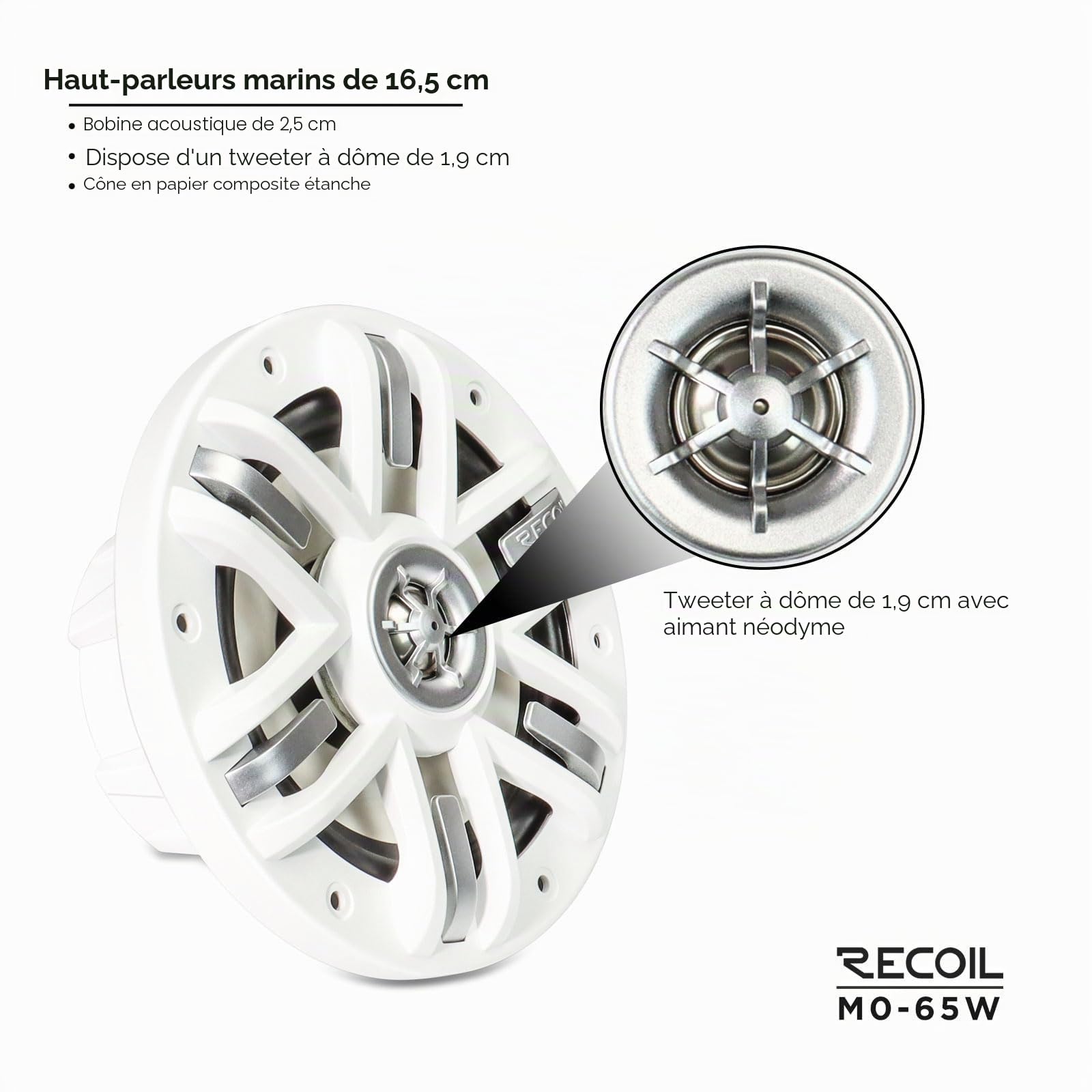 RECOIL M0-65W Enceintes Marines Étanches 16,5cm (6.5") 2 Voies | 240W Max, 120W RMS, 4 Ohms, Blanc, Résistant UV, Tweeter Néodyme – Paire pour Bateau, UTV, ATV