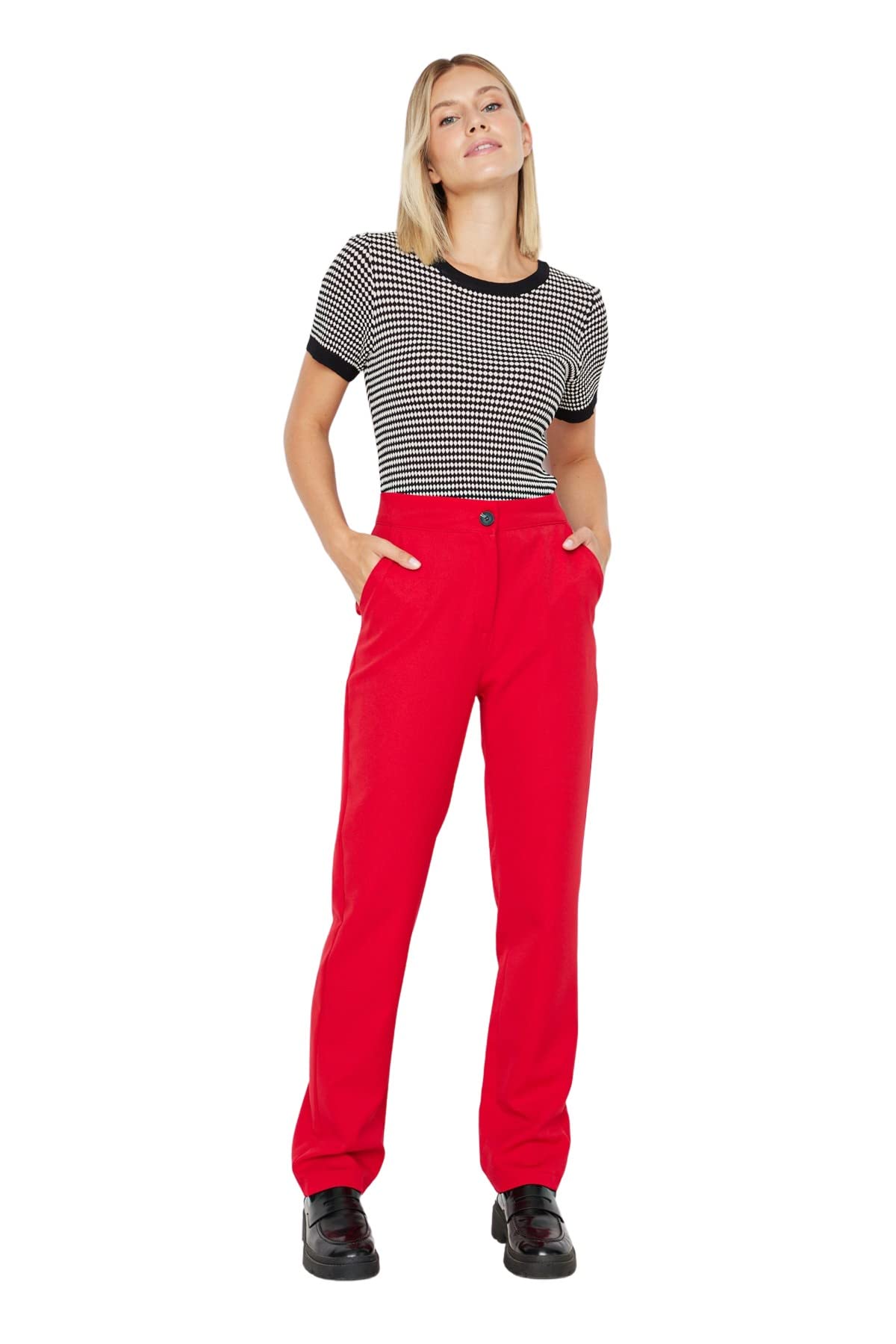 TRENDYOL Damen Trendyol Men's High Waisted Straight Trousers Pants, Rot, 42 EU
