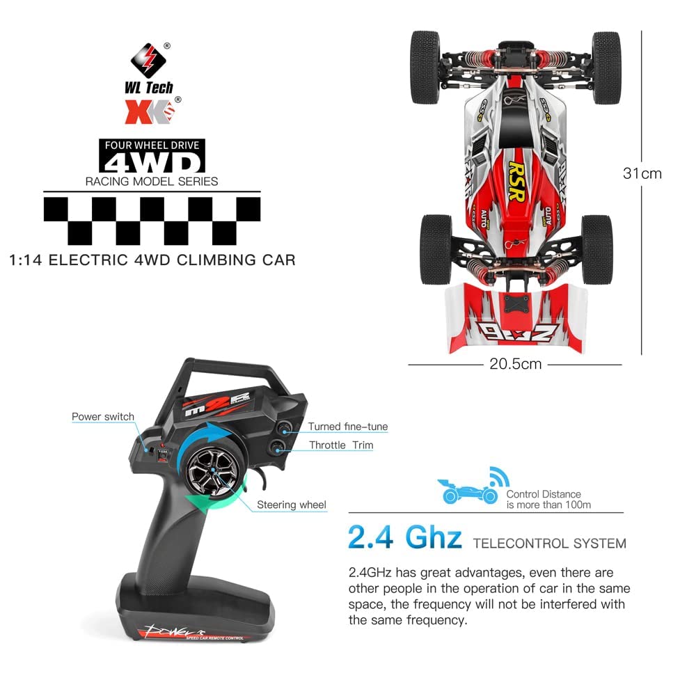 X-Verse WLtoys XKS 144001 Macchina Telecomandata, 60 km/h Alta velocità Auto Radiocomandata di Tutto Terreno 4WD 1:14 Veicolo 2.4GHz Regalo di per adulti e bambini - 3 Batteria (Blu) - 3