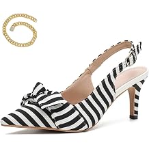 Womens White Black Stripes Slingback Kitten Heels Closed Pointed Toe Bow Tie Slip On Work Pumps Ankle Strap Stiletto Formal Party Wedding Dress Shoes