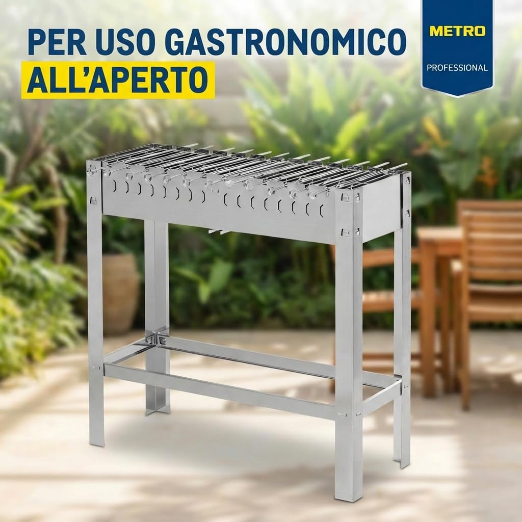 METRO Professional Barbecue a Carbonenella Karasu, Acciaio Inossidabile, con 12 Spiedi, Rettangolare, Argento