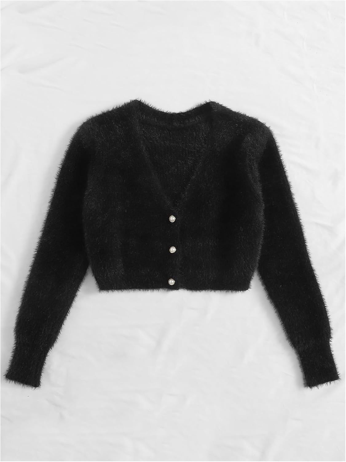 GORGLITTER Women's Fuzzy Crop Sweater Cardigan 2025 Winter Holiday Outfits Chunky Pearl Button Down Long Sleeve Cardigan - Image 5