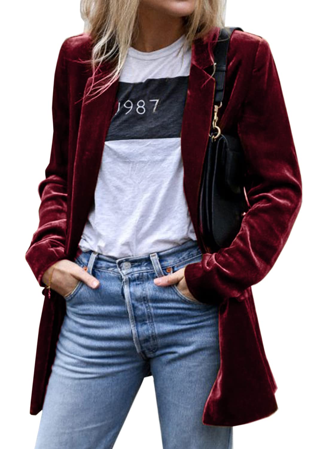 futurino Womens Solid Color Long Sleeve Velvet Jacket Open Front Casual Suit Cardigan Mid-Length Coat