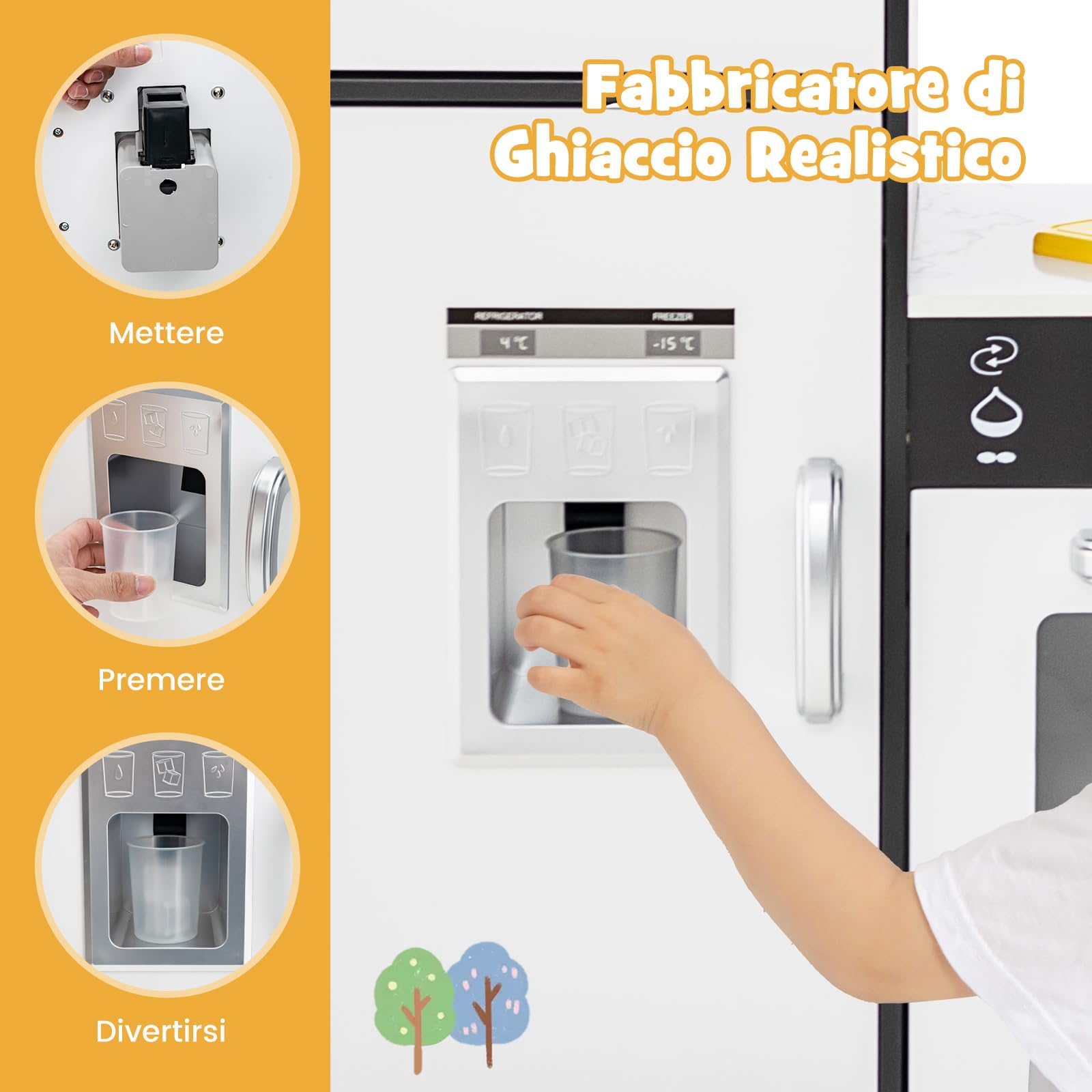 COSTWAY Set di Cucina Giocattolo per Bambini, con Suoni e Luci Divertenti, Lavabo, Forno a Microonde, Macchina del ghiaccio e Lavastoviglie, Lavagna, Ideale per Bambini 3 Anni+ (Caffè)