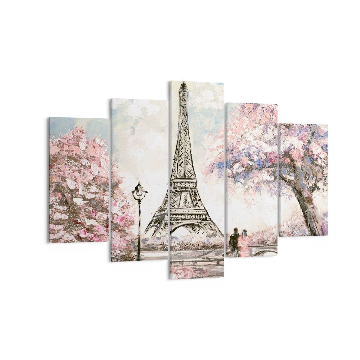 Bilder auf Leinwand 150x100cm Leinwandbild Bäume Eiffle Paar Frankreich Groß XXL Wanddeko Bild Schlafzimmer Set 5 teilige Wandbilder Dekoration Wohnzimmer Canvas Wand Kunstdruck Art EA150x100-3147