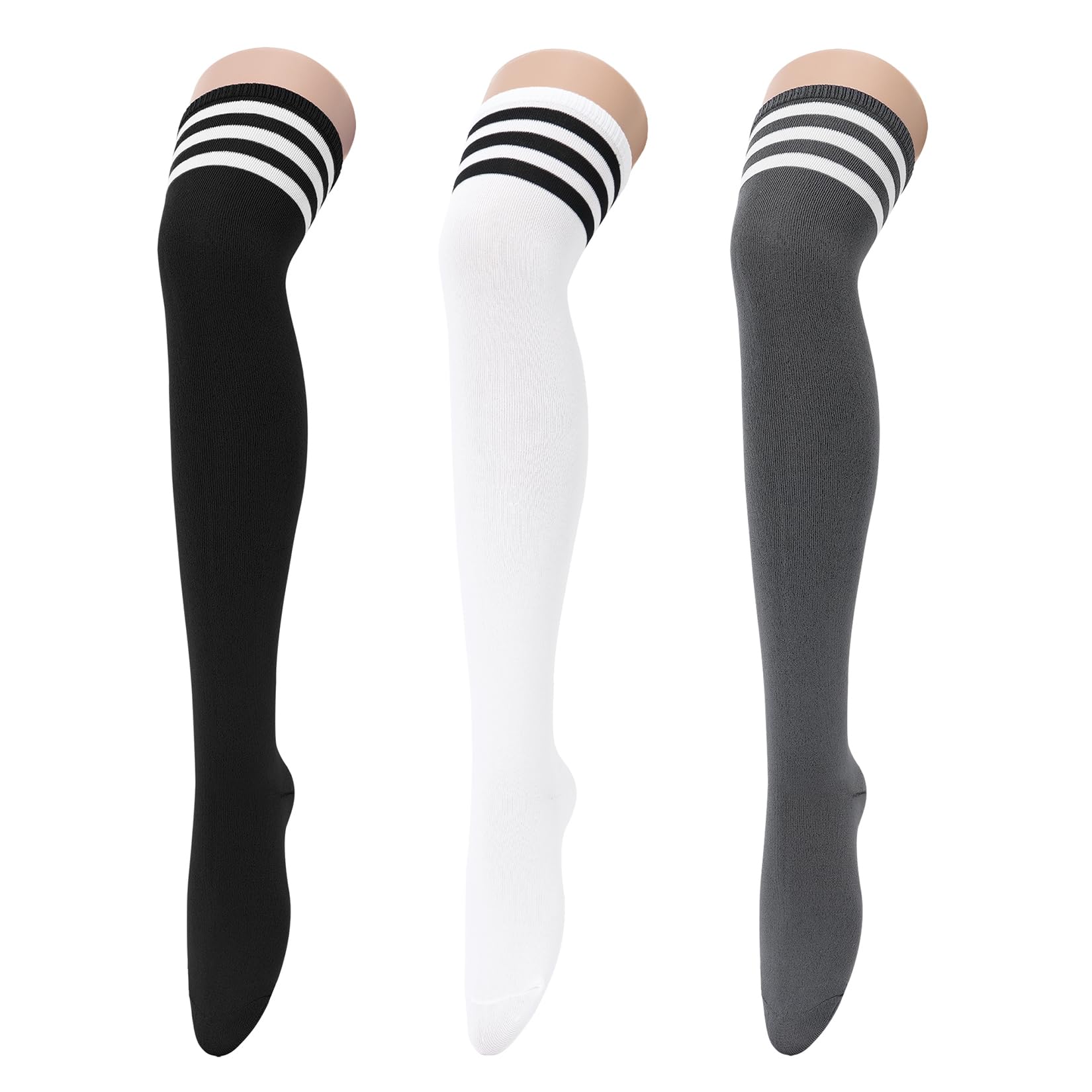 3 Pairs Thigh High Socks for Women Over the Knee High Socks Triple Stripe Long Stockings Thigh Highs Leg Warmer